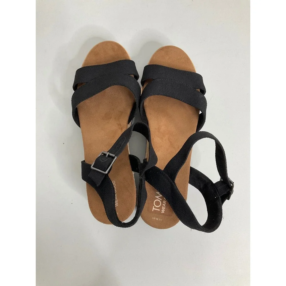 TOMS Diana Black Canvas Platform‎ Wedge Espadrille Sandals Womens 11